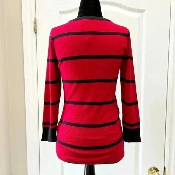 Ricki’s Wrap Front Sweater Deep V Neckline Thin Knit Red Black Stripes XS - Picture 14 of 15